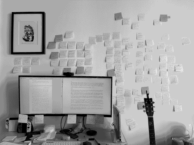 The wall behind my work station is taken up by the loose shape of my second manuscript in post-it form.