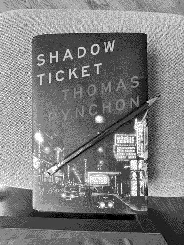 a picture of 'Shadow Ticket' by Thomas Pynchon in situ.